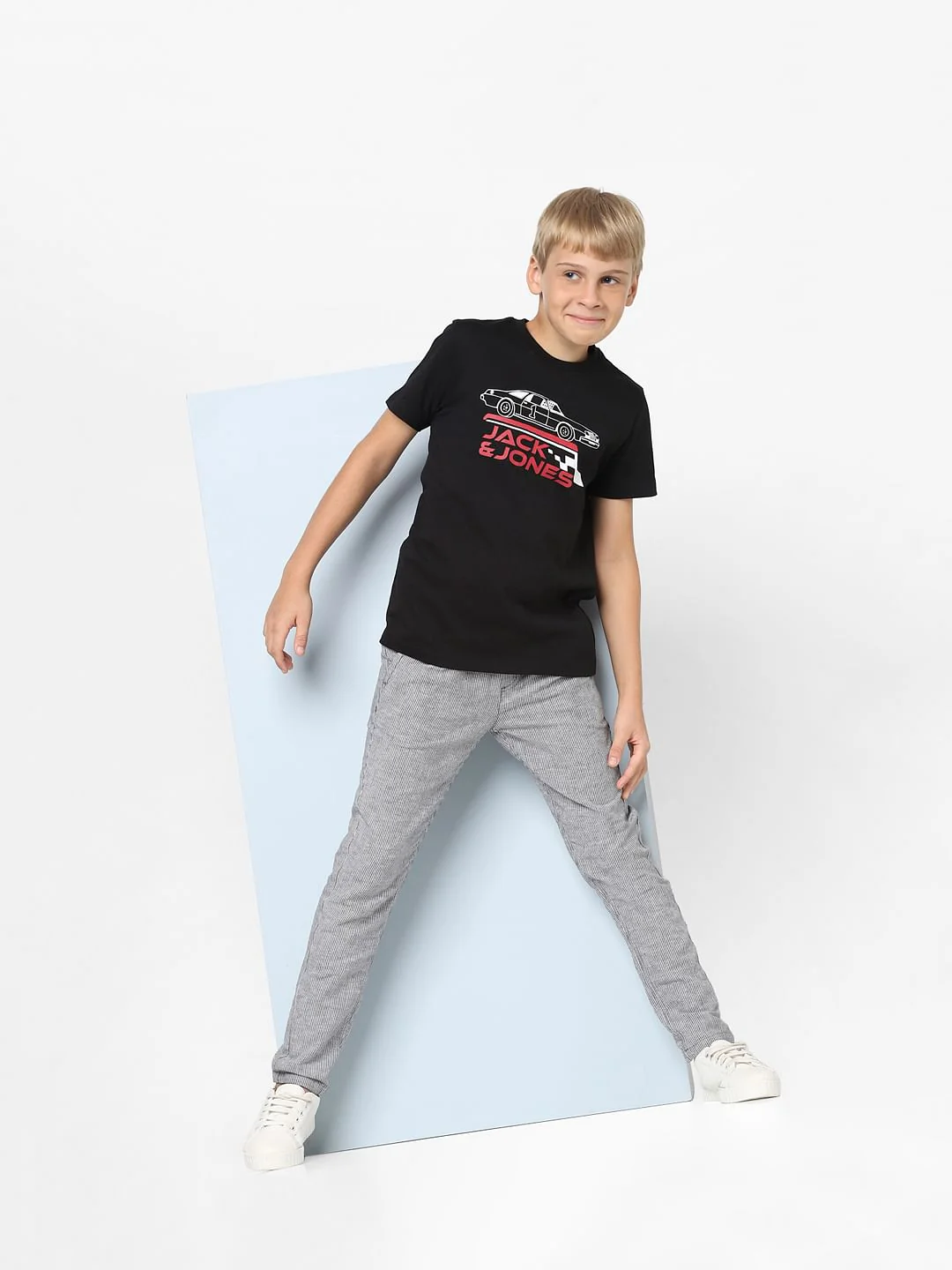 Boys White Mid Rise Striped Pants