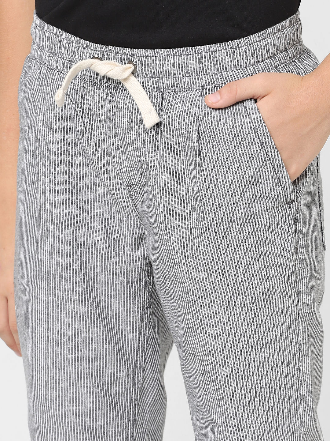 Boys White Mid Rise Striped Pants - Image 5