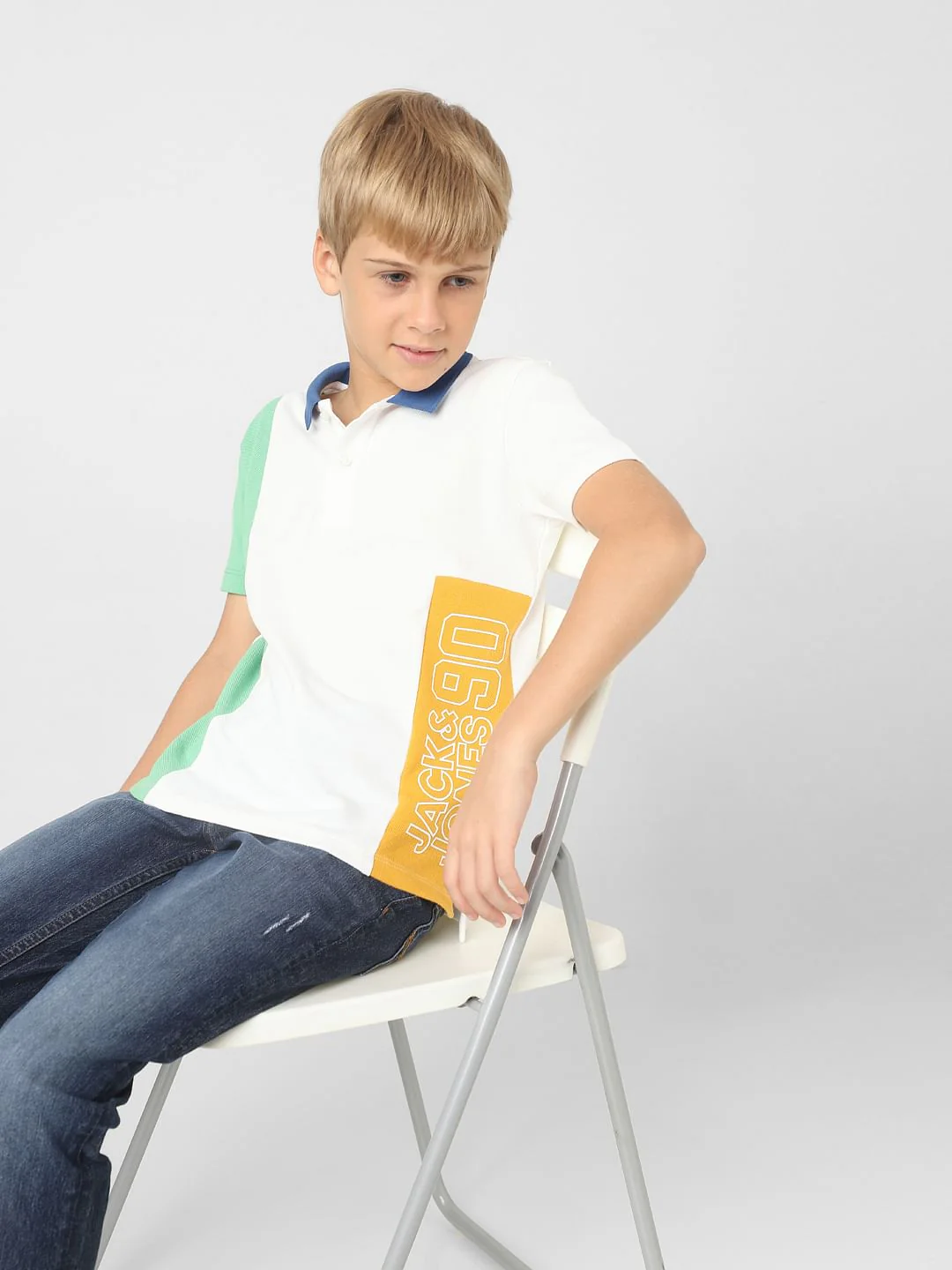 Boys White Colourblocked Polo T-shirt
