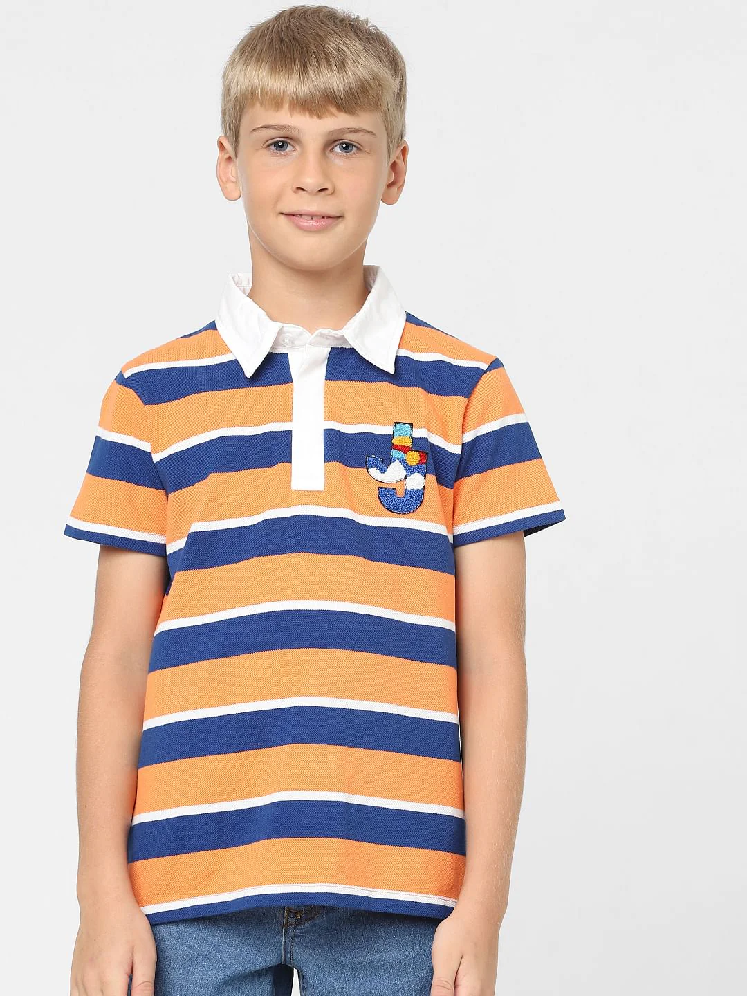 Boys Orange Striped Polo T-shirt - Image 2