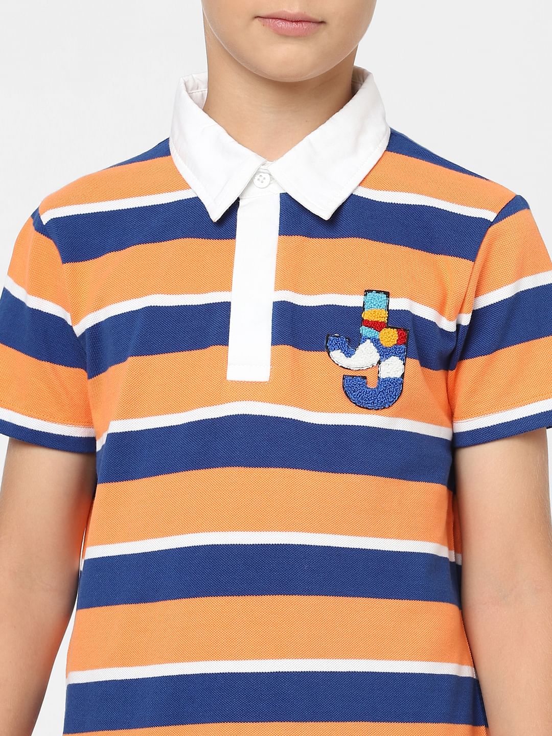 Boys Orange Striped Polo T-shirt - Image 5
