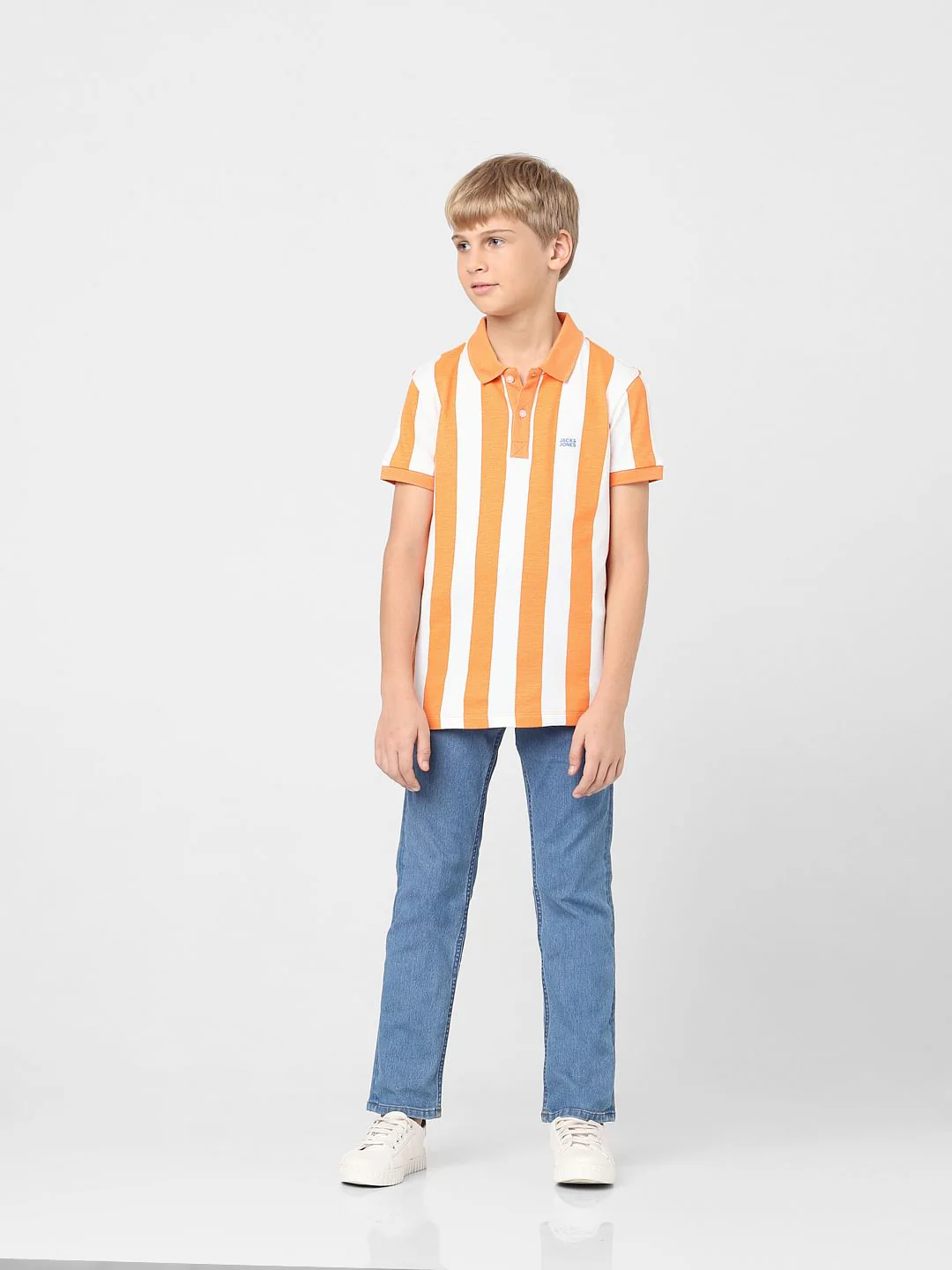 Boys Orange Striped Polo T-shirt - Image 6