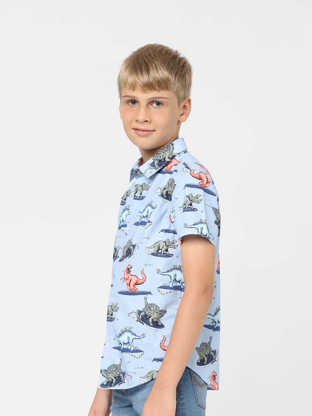 Boys Blue Dinosaur Print Short Sleeves Shirt - Image 3