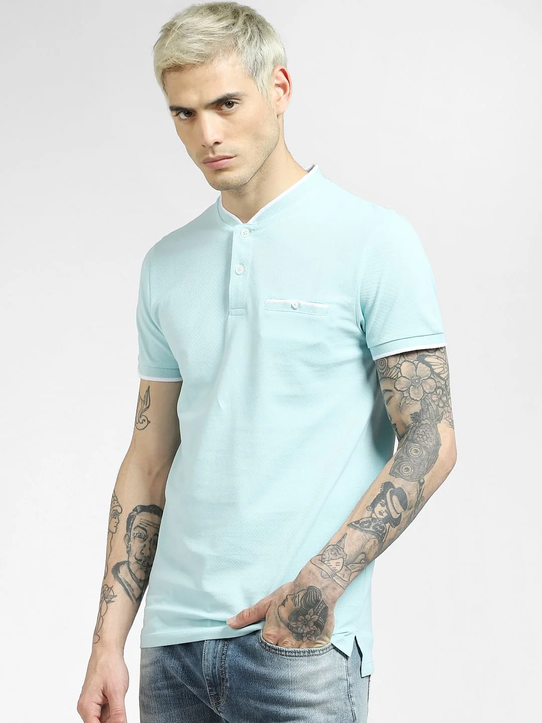 Blue Henley Neck T-shirt - Image 2