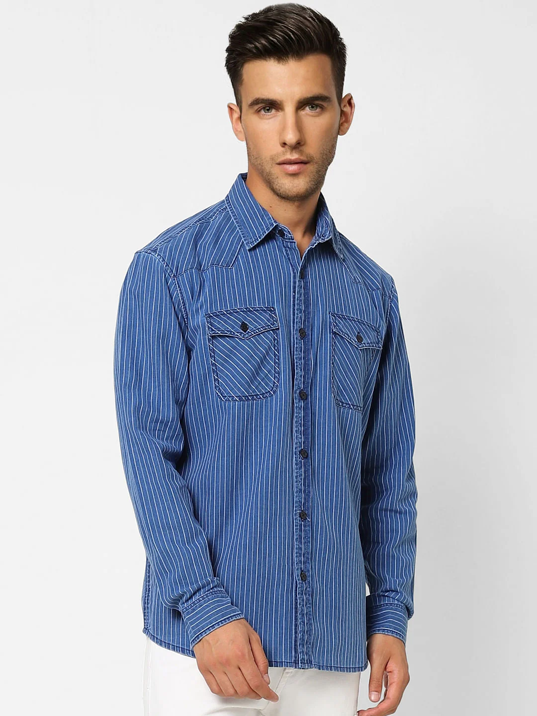 Blue Striped Denim Full Sleeves Shirt - Image 2