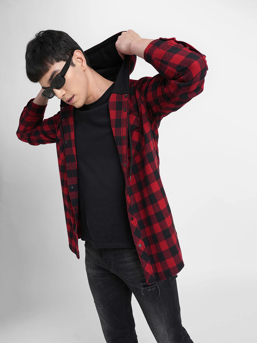 Black Check Hooded Full Sleeves Shirt