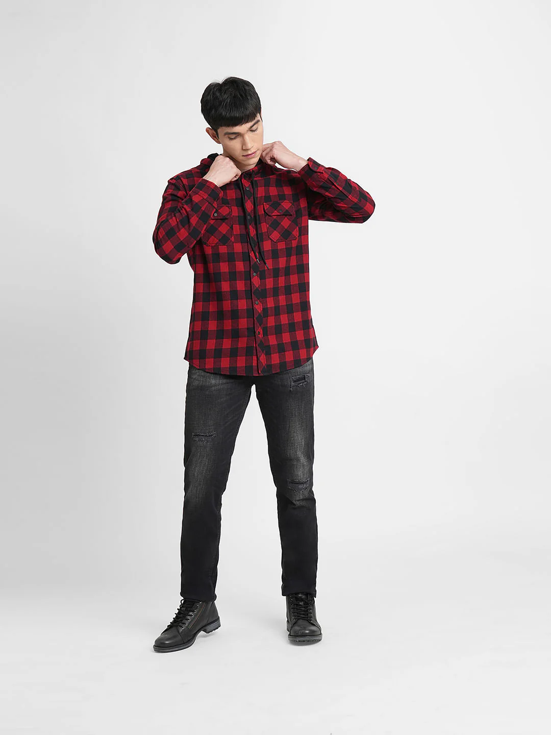 Black Check Hooded Full Sleeves Shirt - Image 6