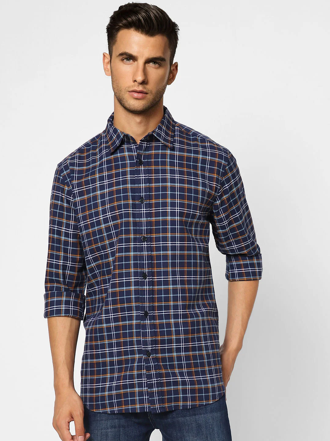 Navy Blue Check Full Sleeves Shirt - Image 2