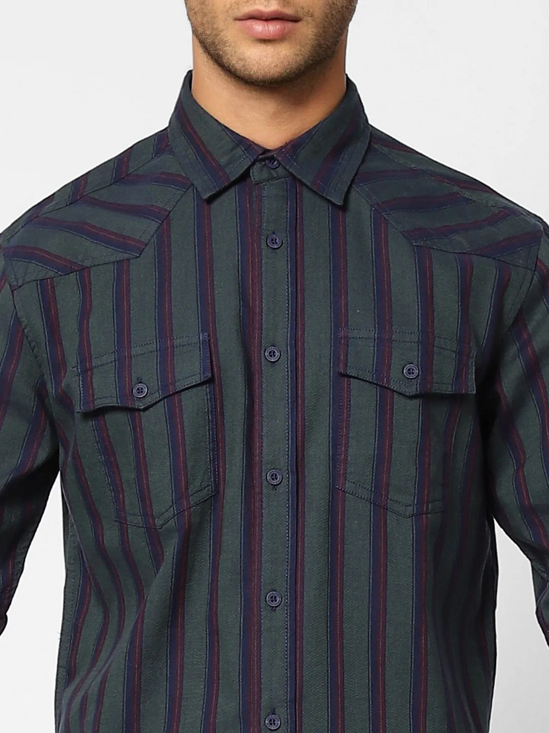 Green Striped Full Sleeves Shirt - Image 5