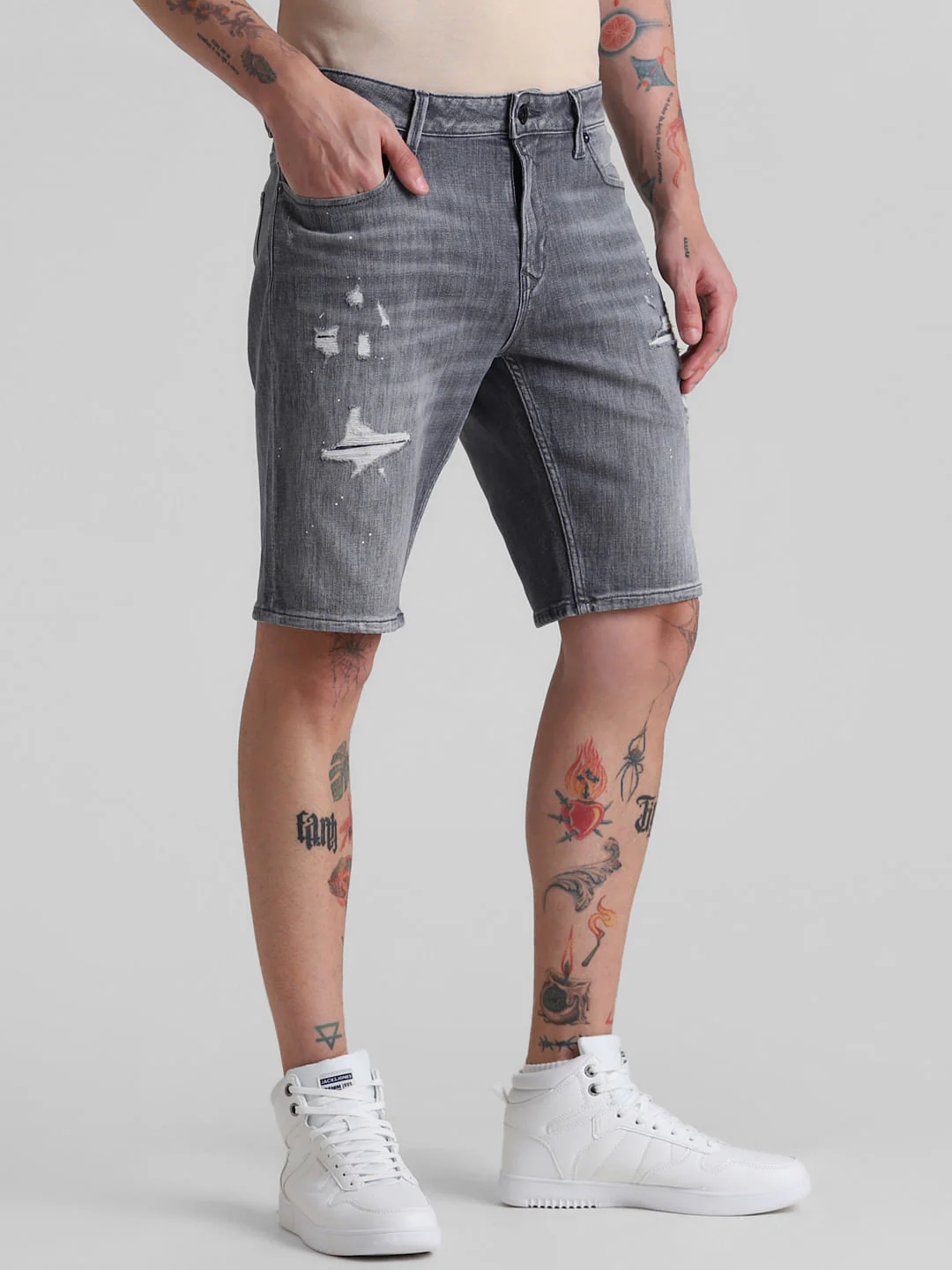 Grey Mid Rise Distressed Denim Shorts - Image 2