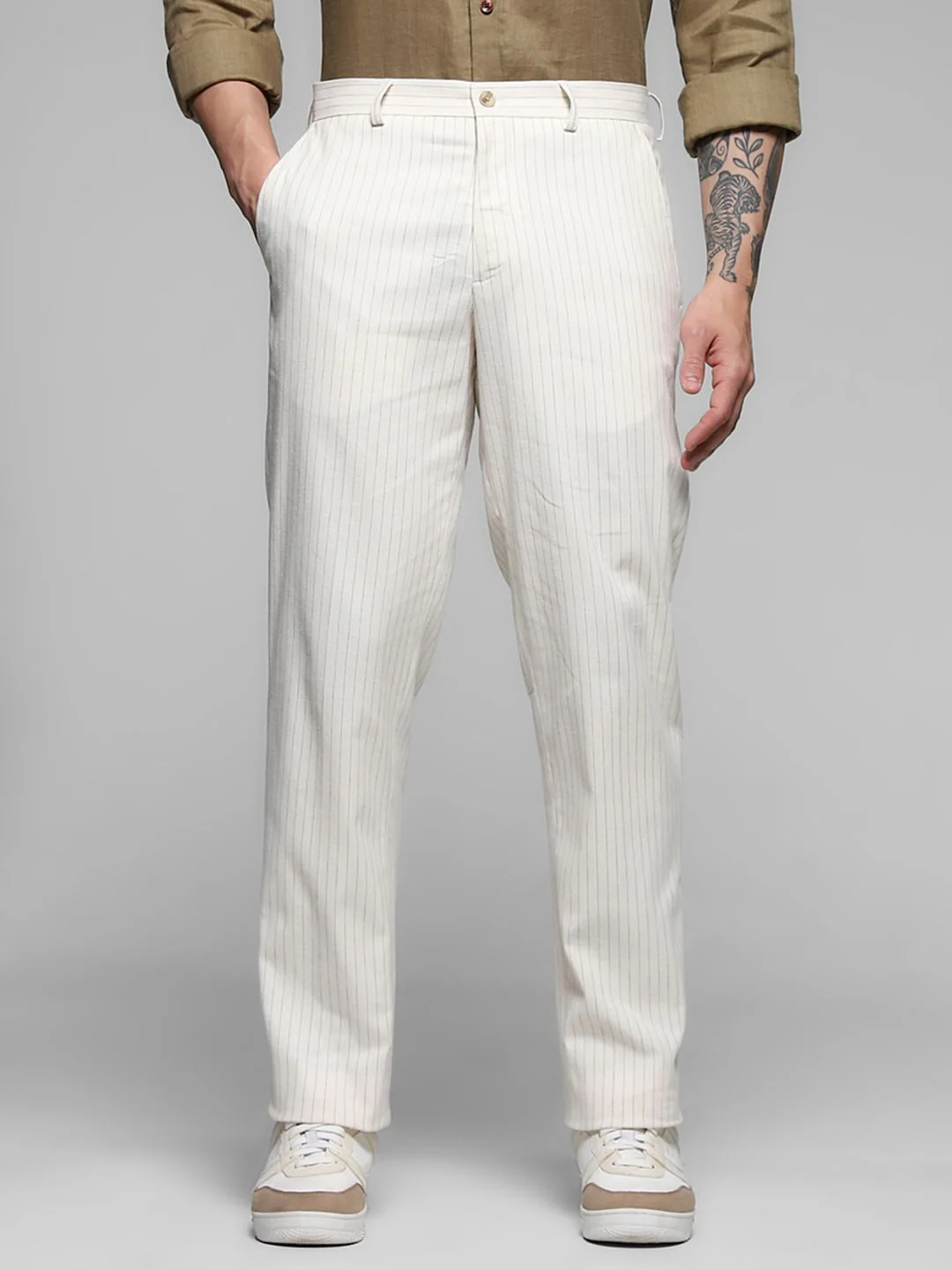 White Striped Slim Fit Linen Trousers