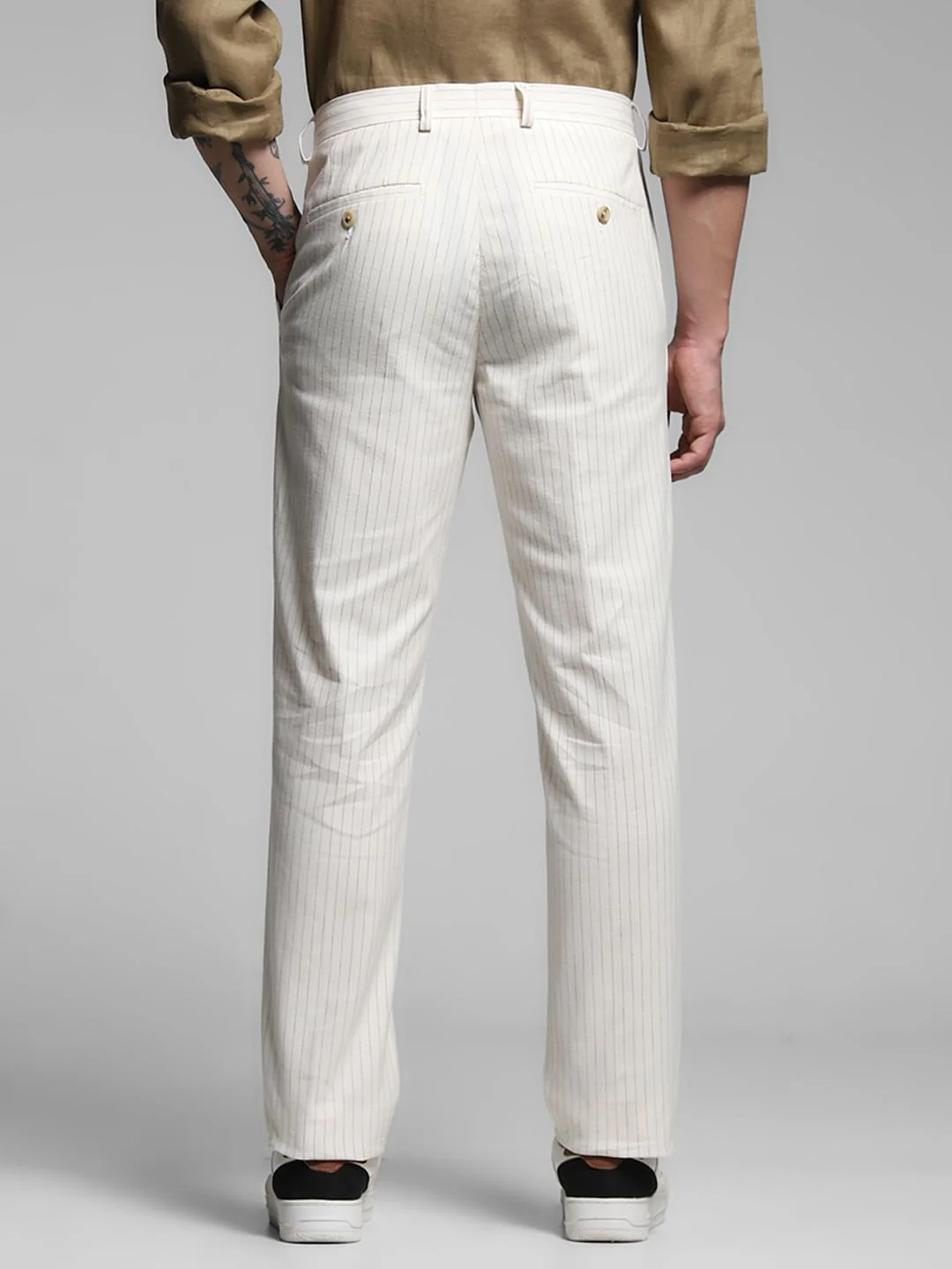 White Striped Slim Fit Linen Trousers - Image 3