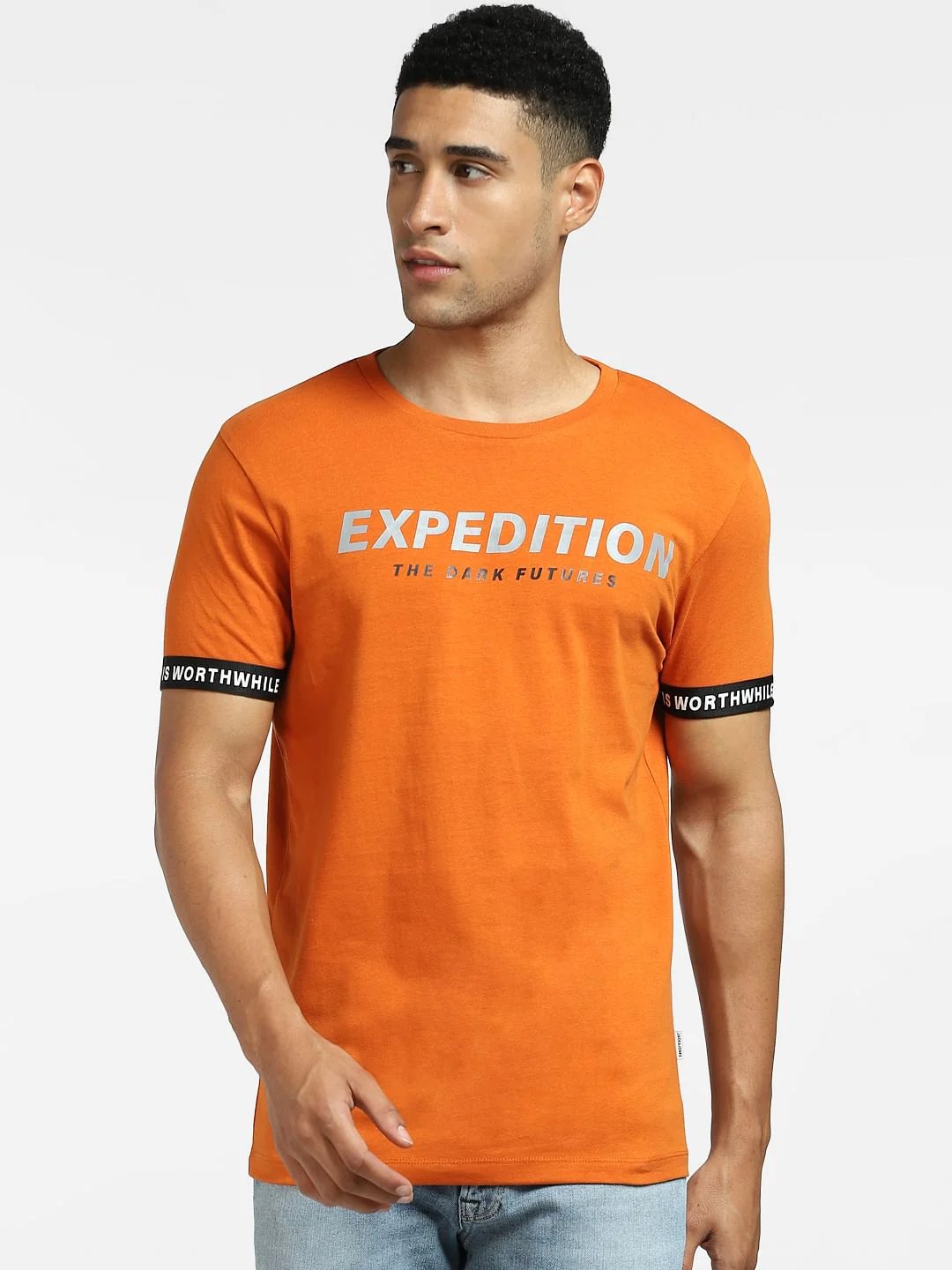 Orange Text Print Crew Neck T-shirt - Image 2