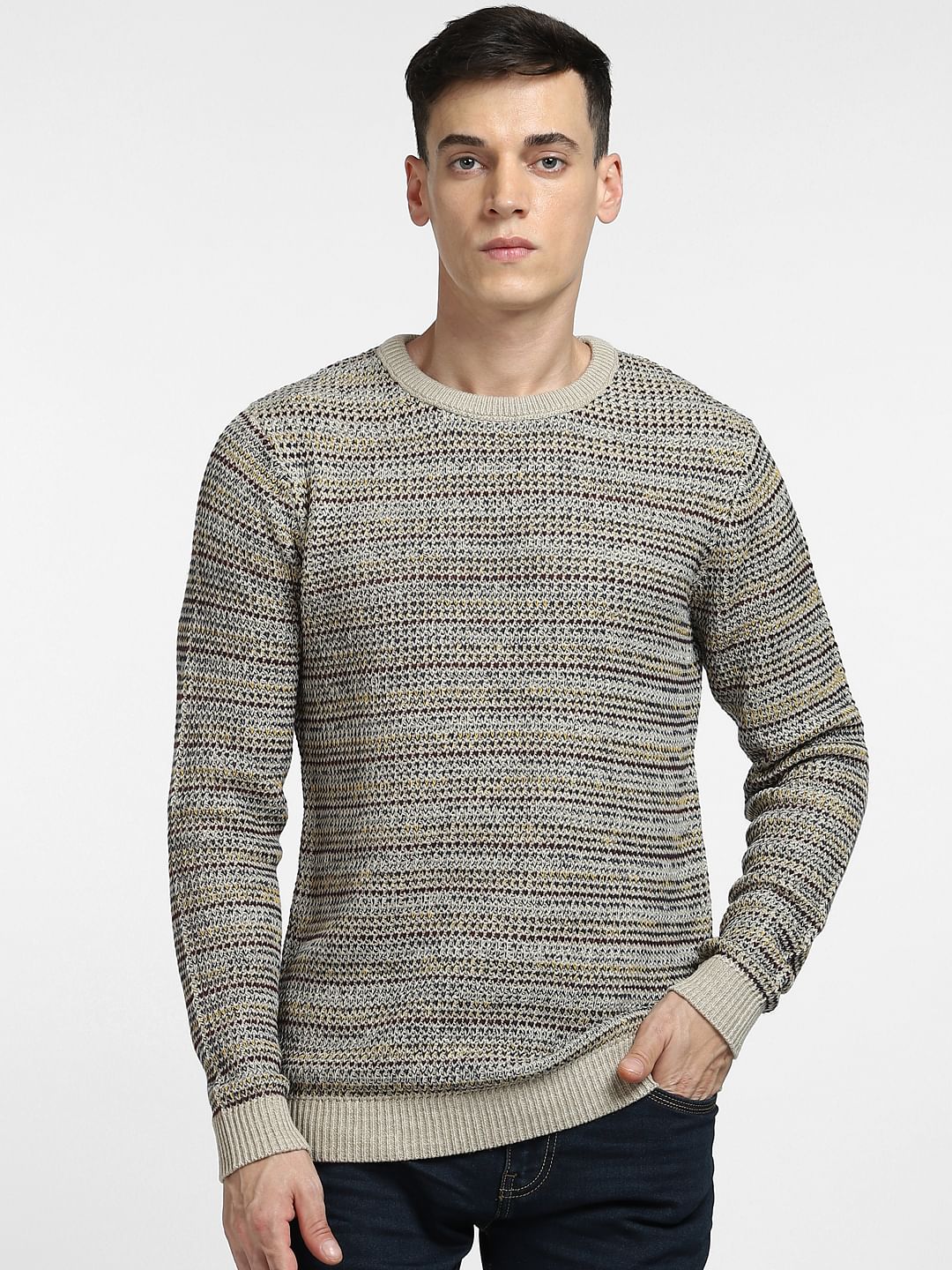 Beige Textured Striped Pullover - Image 2