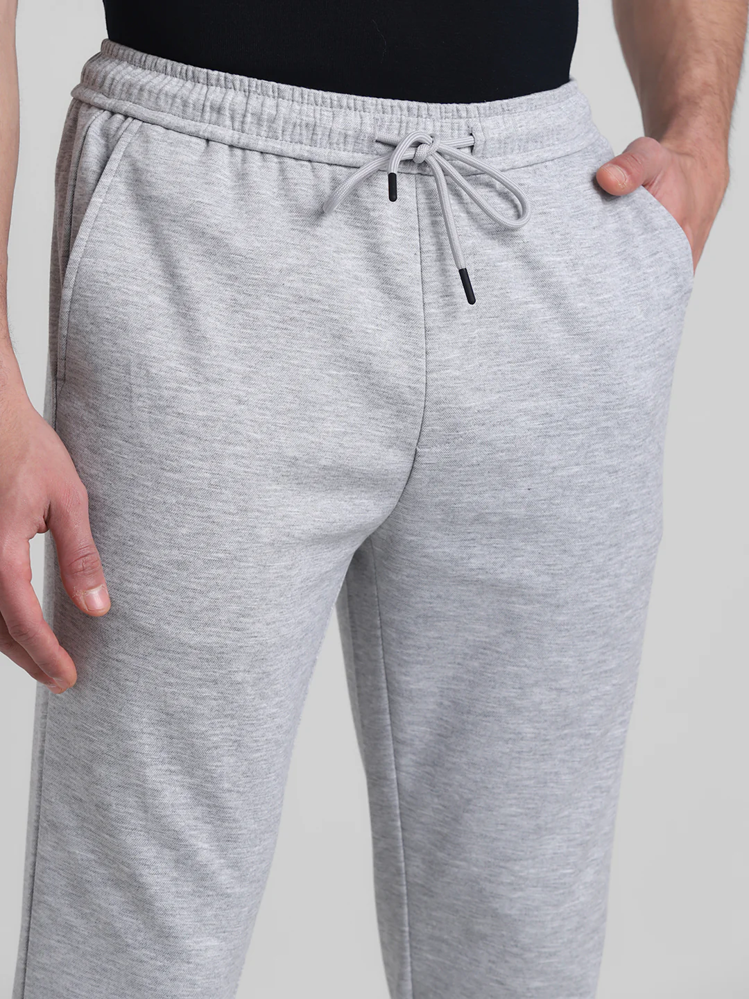 Men's Light Grey Melange Slim Fit Joggers With Drawstring Waist - Image 4
