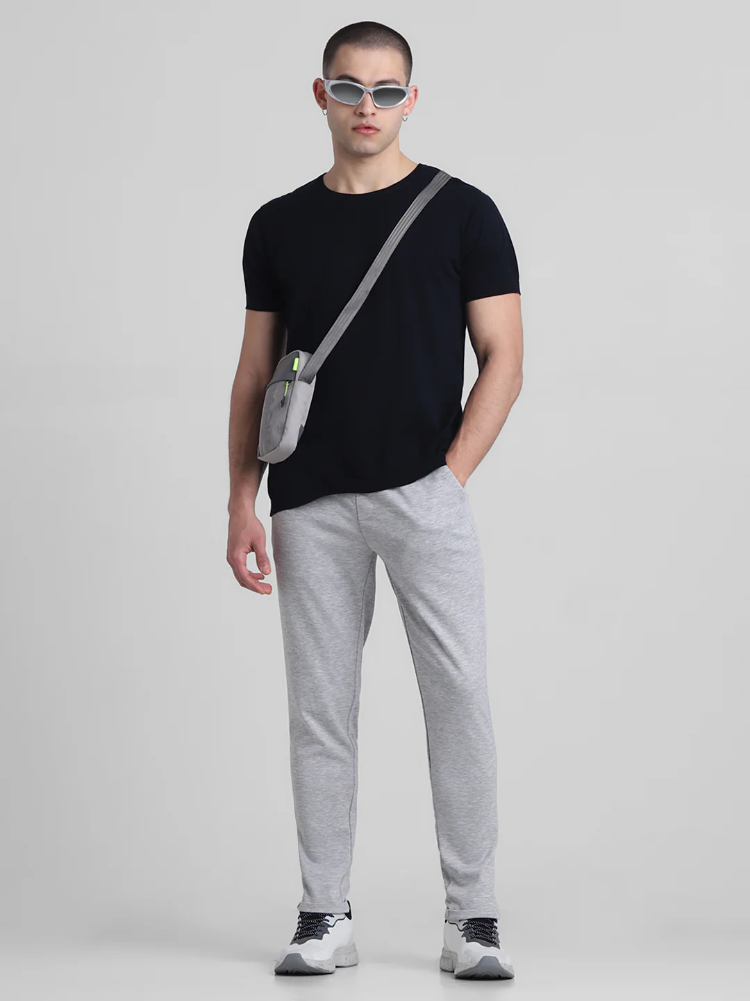 Men's Light Grey Melange Slim Fit Joggers With Drawstring Waist - Image 5