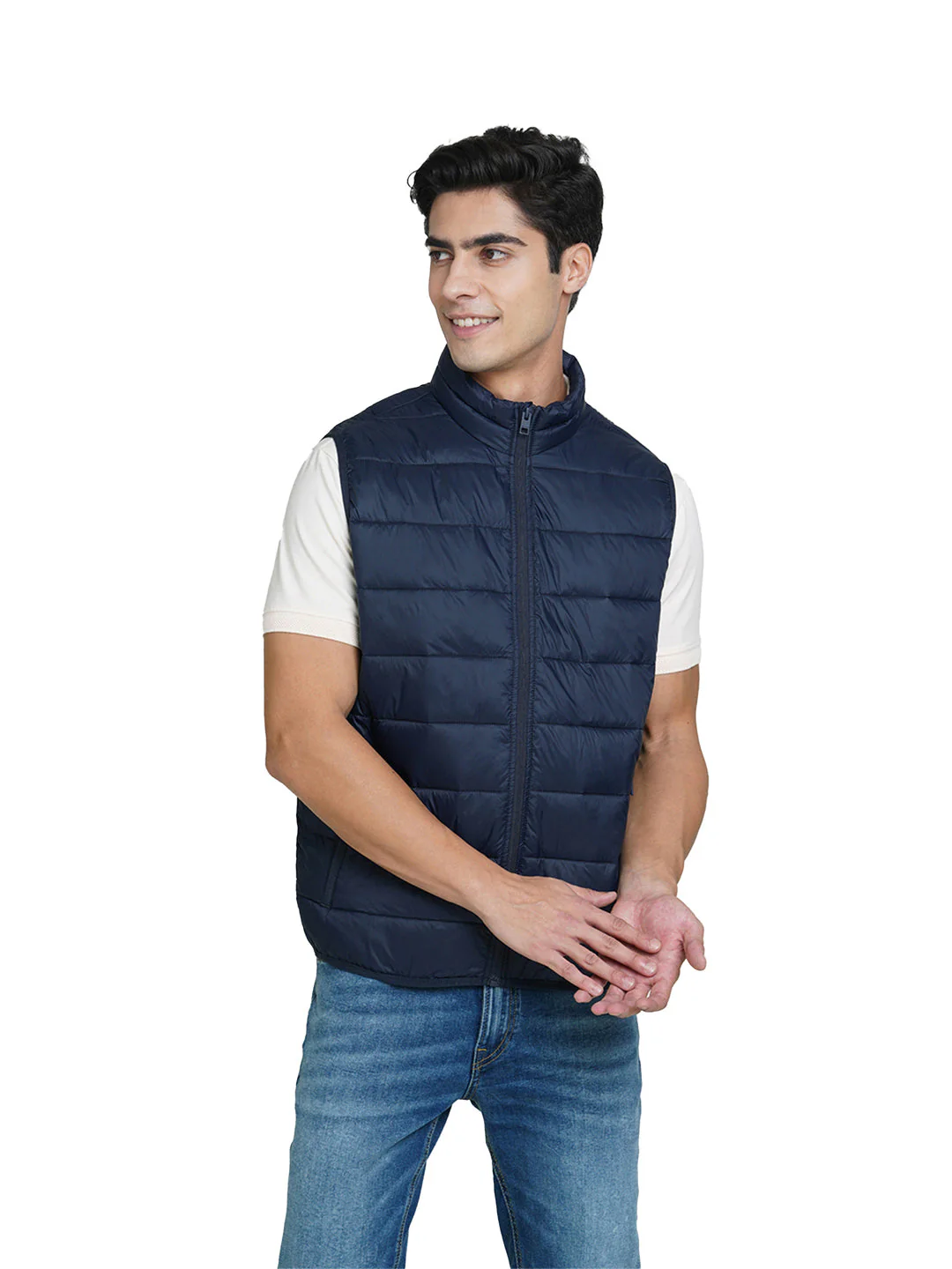 Navy Blue High-Neck Sleeveless Puffer Vest