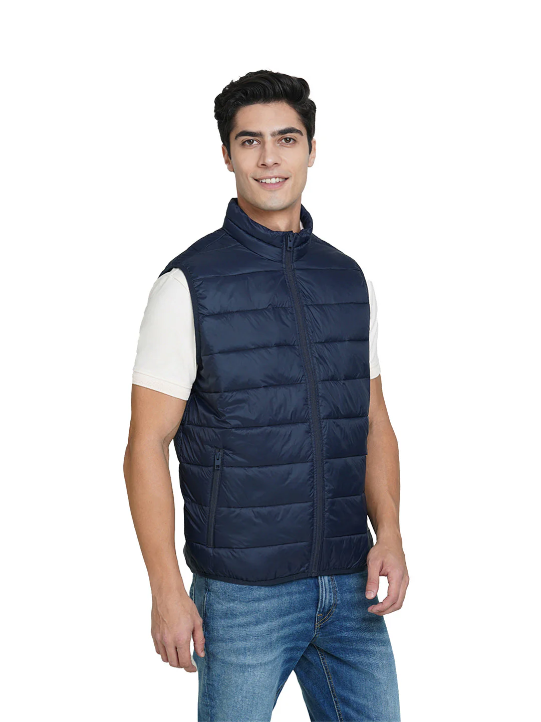 Navy Blue High-Neck Sleeveless Puffer Vest - Image 5