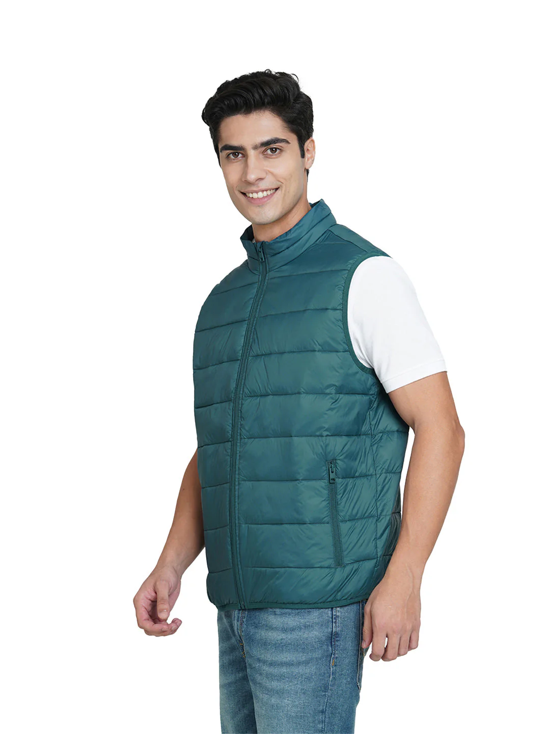Green High-Neck Sleeveless Puffer Vest - Image 2