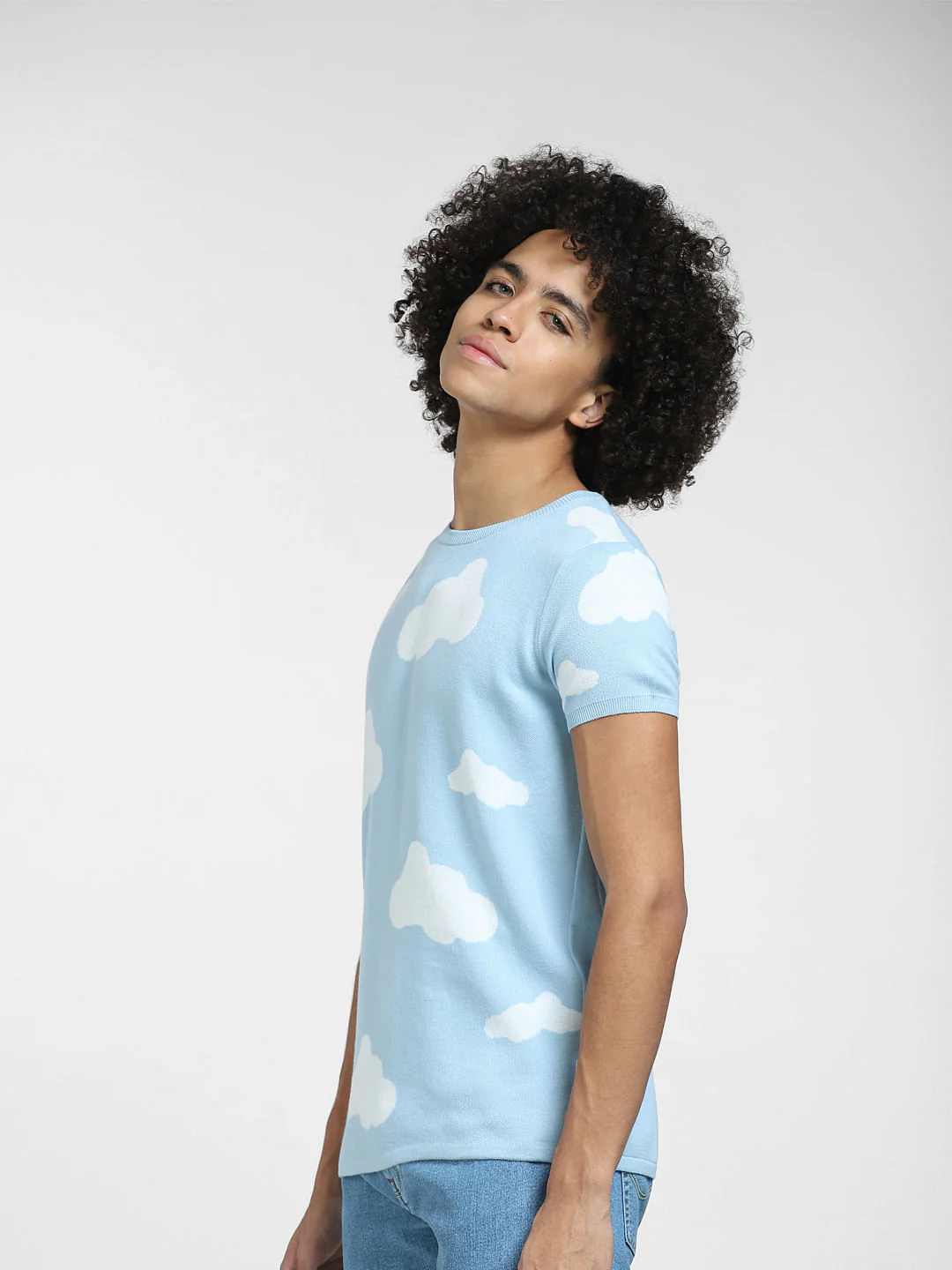Light Blue Cloud Print Knit T-shirt - Image 3