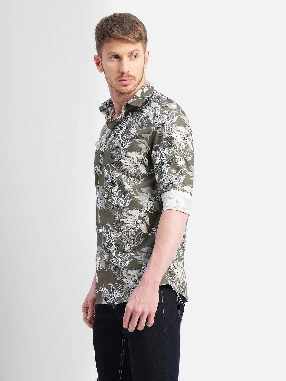 Green Floral Print Full Sleeves Shirt - Image 3
