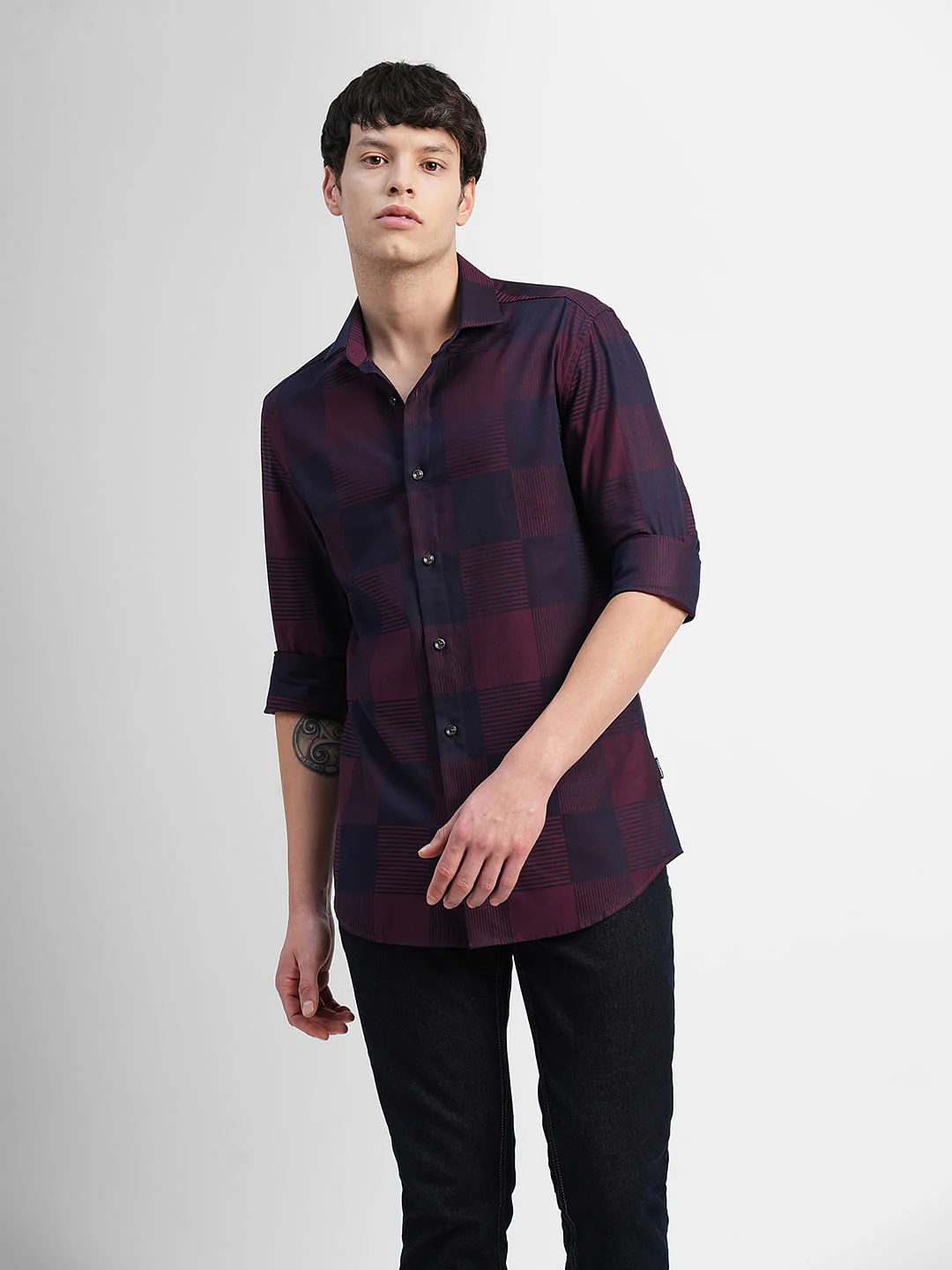 Maroon Check Print Full Sleeves Shirt - Image 2