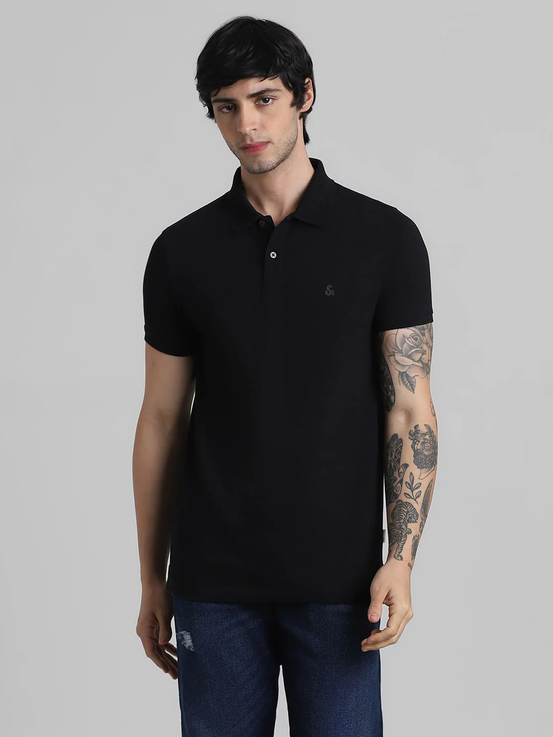 Black Solid Polo Neck T-shirt - Image 2