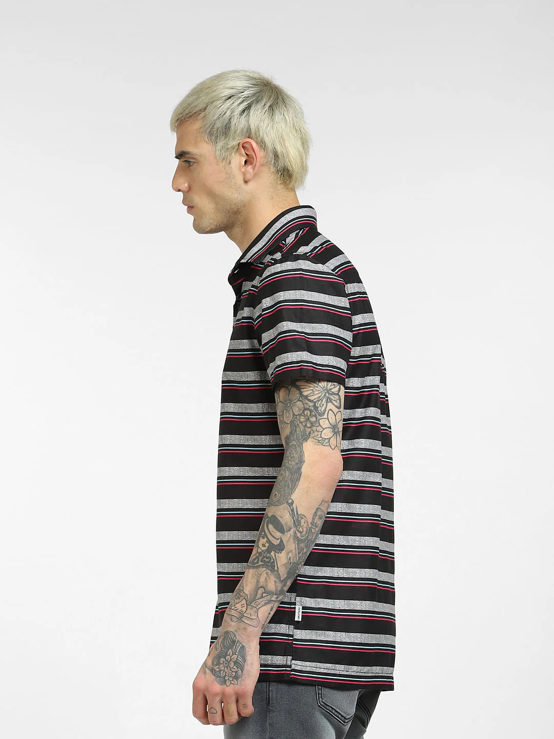 Black Horizontal Stripe Half Sleeves Shirt - Image 3