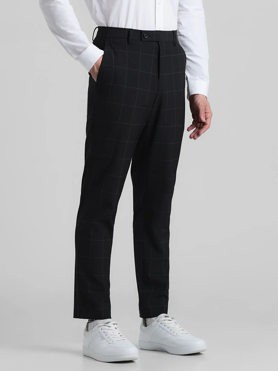 Black Mid Rise Check Slim Fit Trousers - Image 2