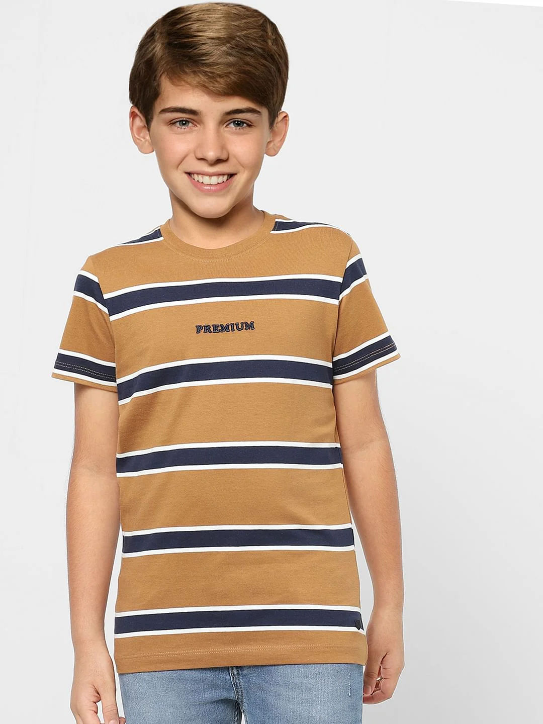 Boys Brown Striped Crew Neck T-shirt - Image 2