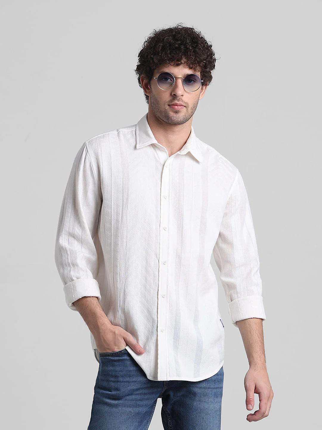 White Printed Textured Weave Shirt