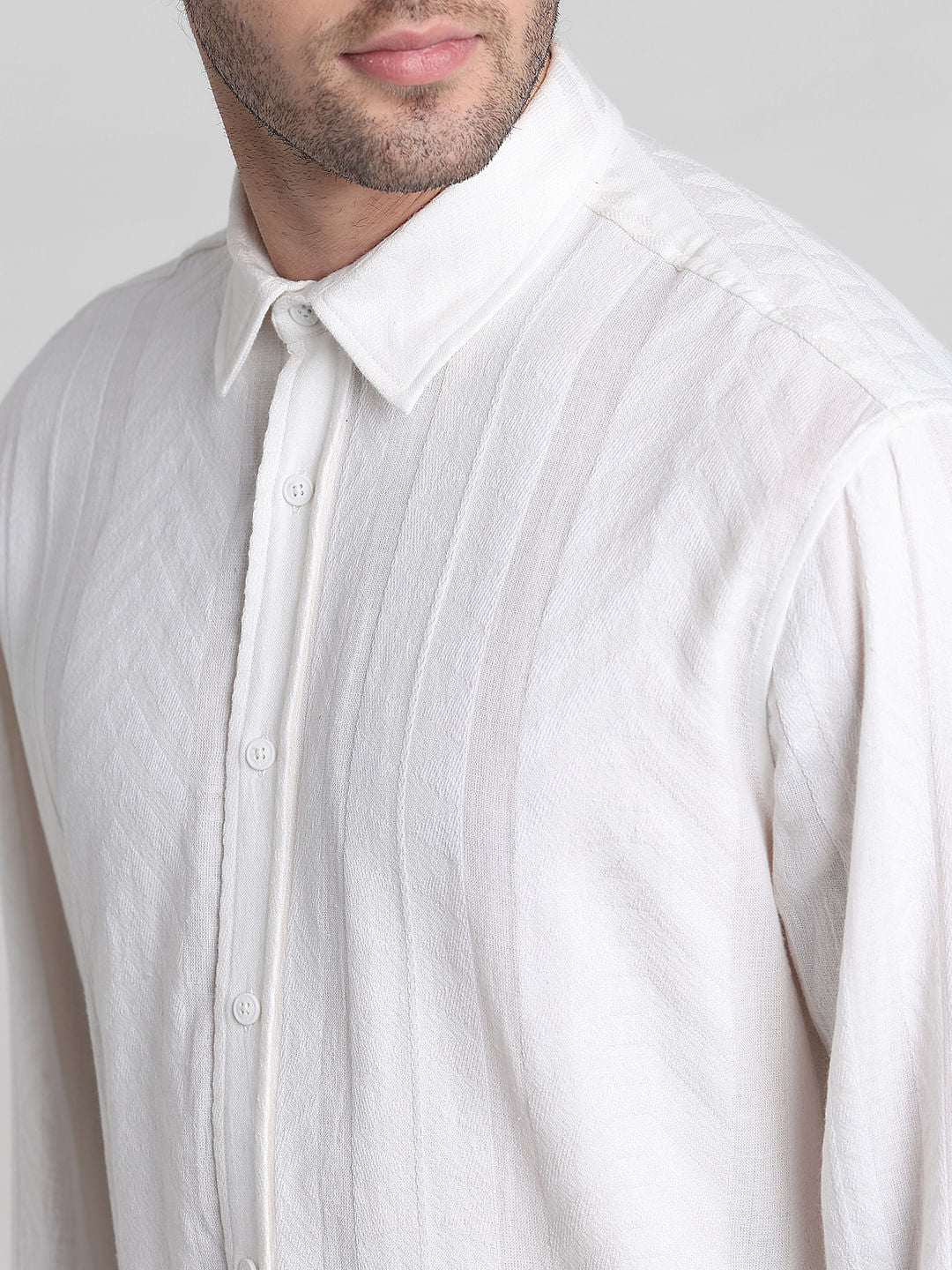 White Printed Textured Weave Shirt - Image 5