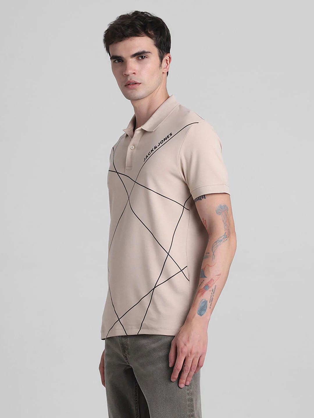 Light Brown Printed Cotton Polo T-shirt - Image 3