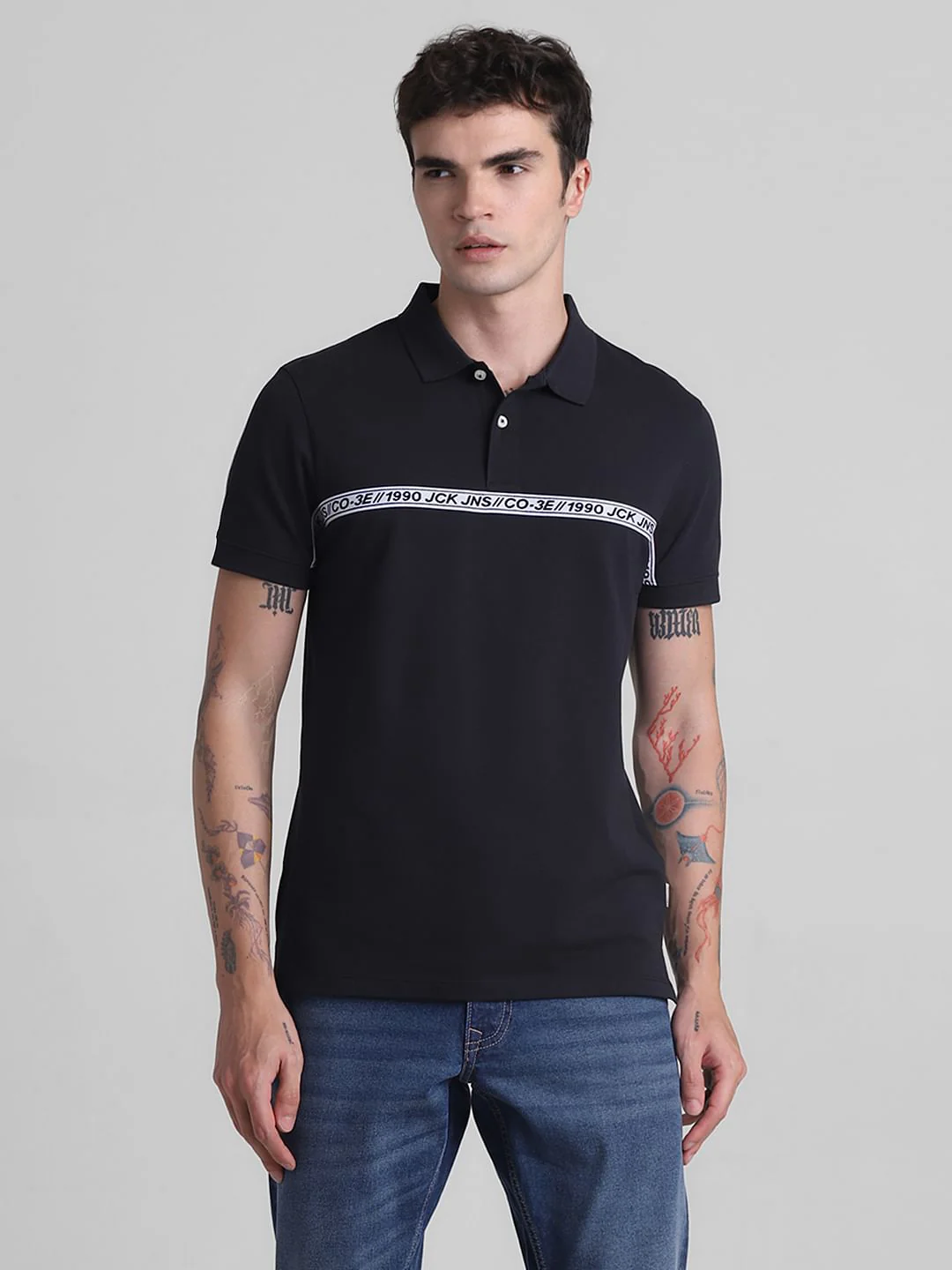 Black Logo Tape Print Polo T-shirt - Image 2