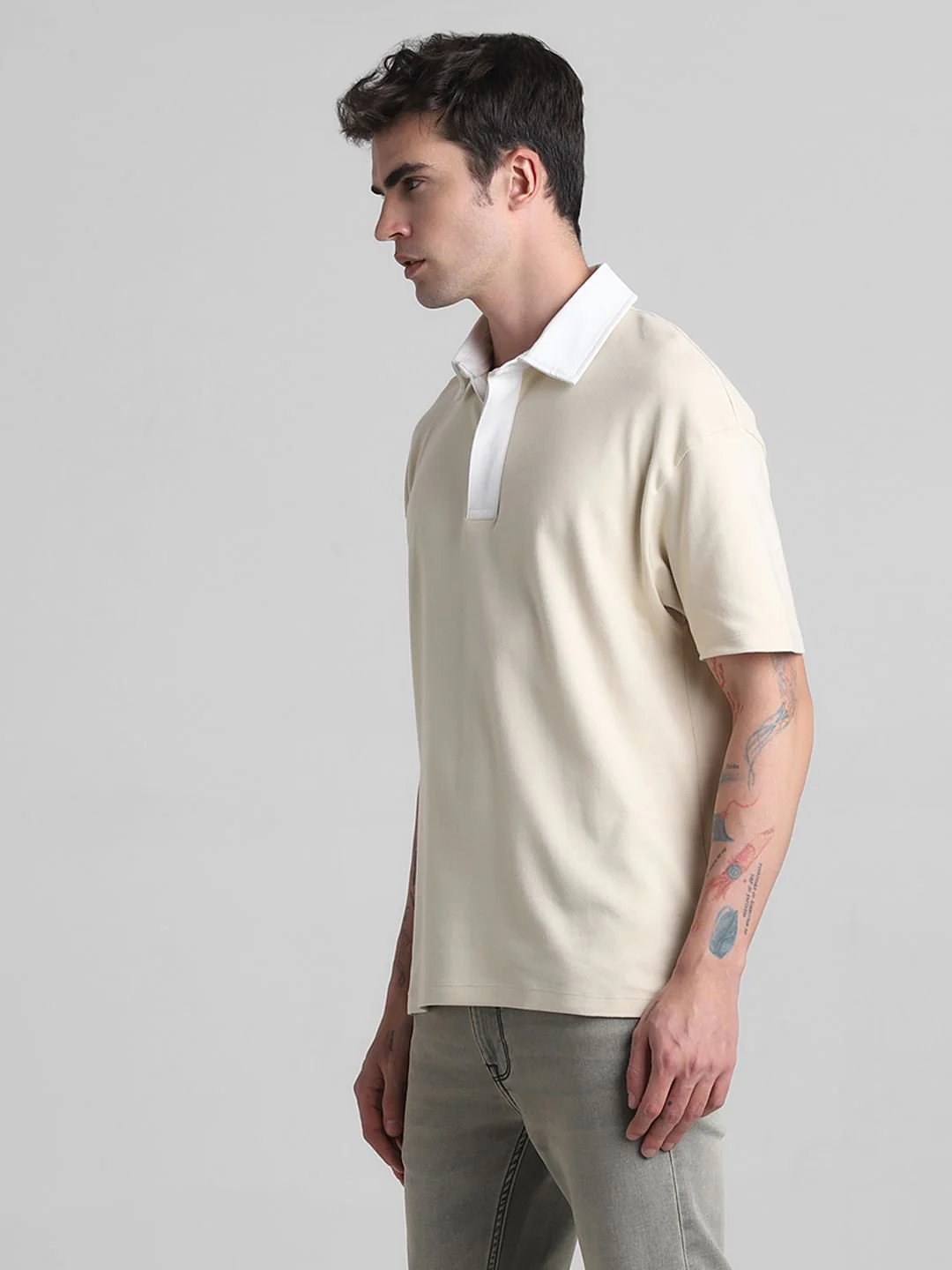 Beige Cotton Oversized Polo T-shirt - Image 3