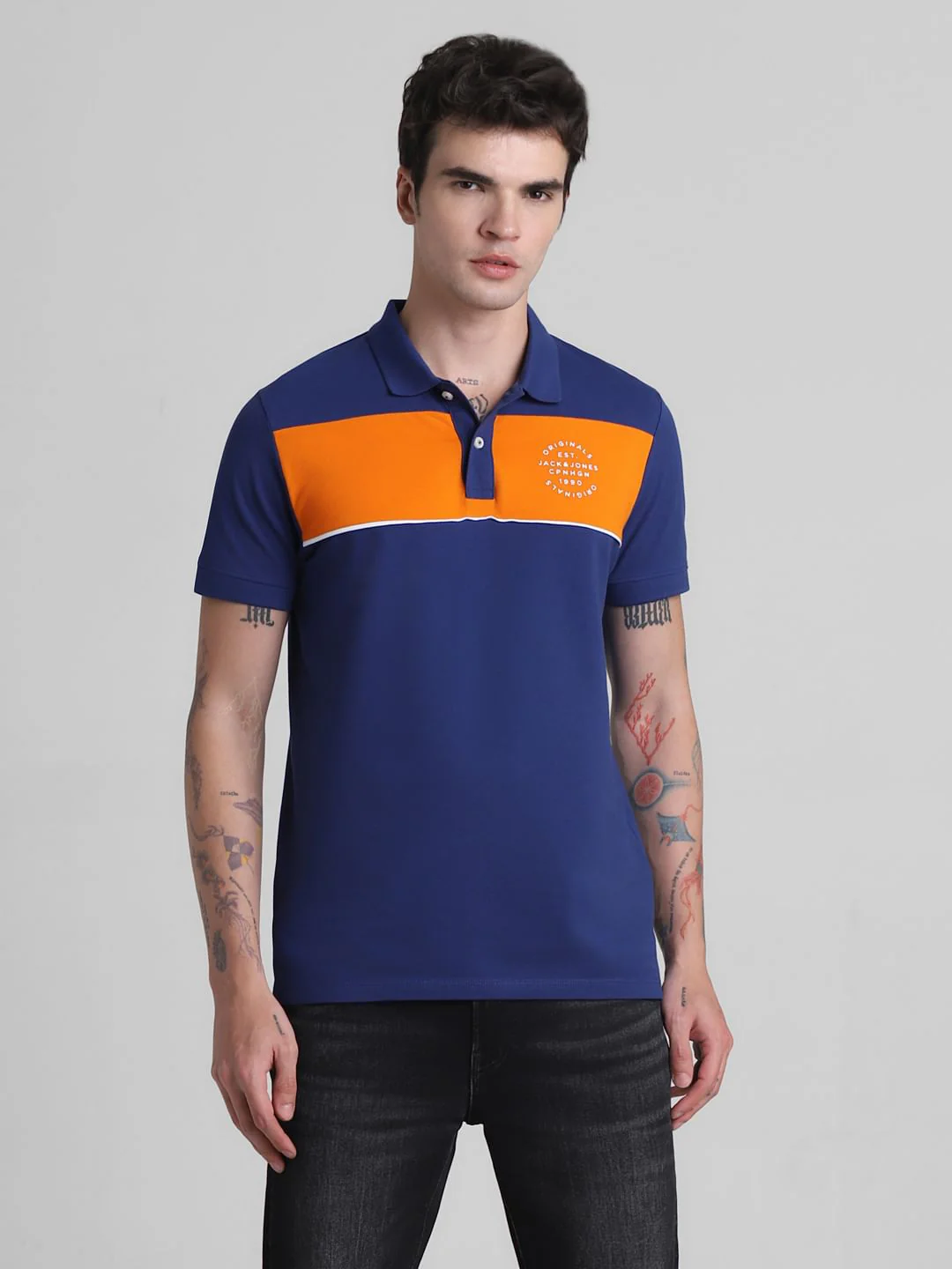 Blue Colourblocked Contrast Tipping Polo - Image 2
