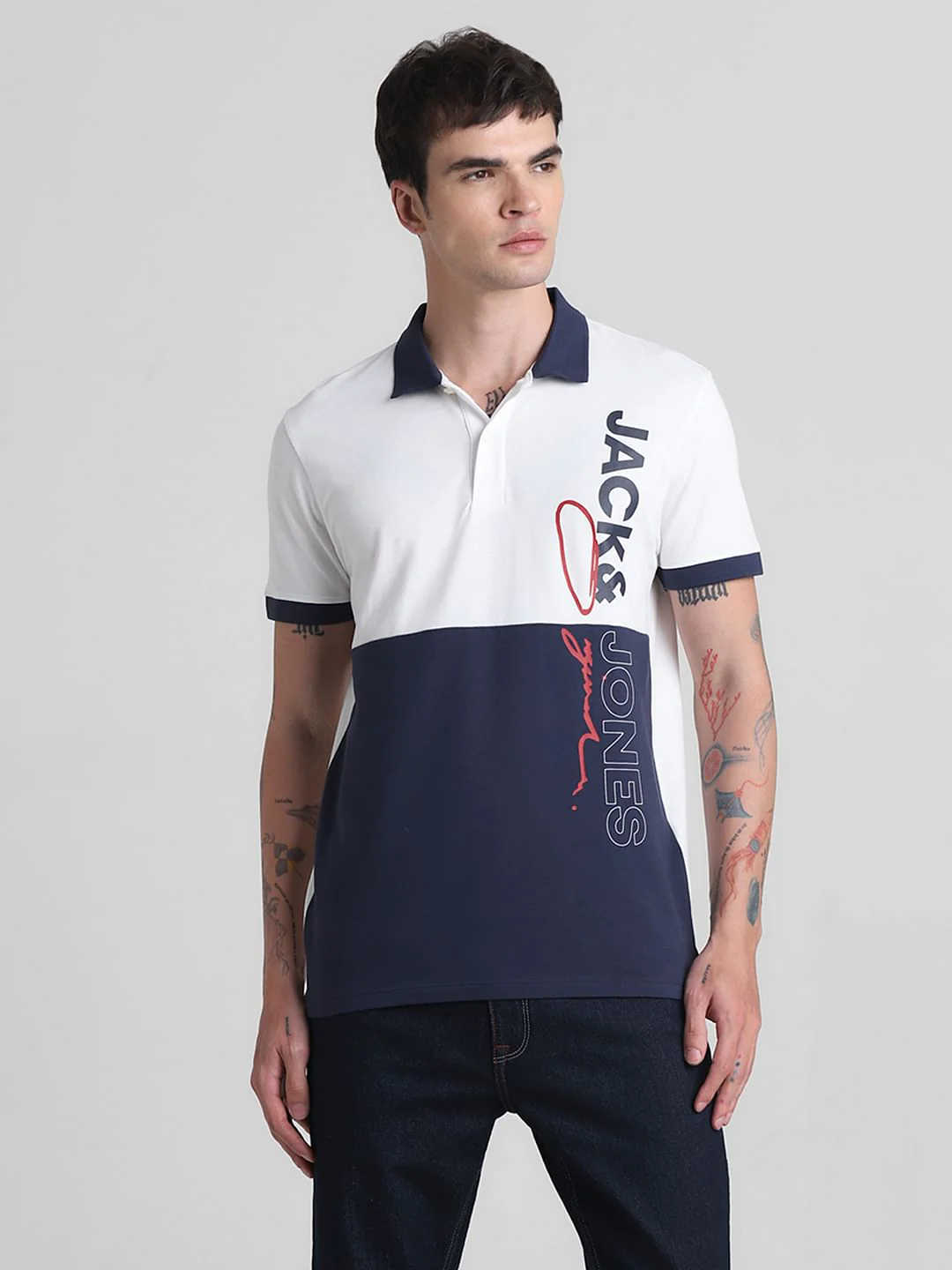 White Colourblocked Cotton Polo T-shirt - Image 2