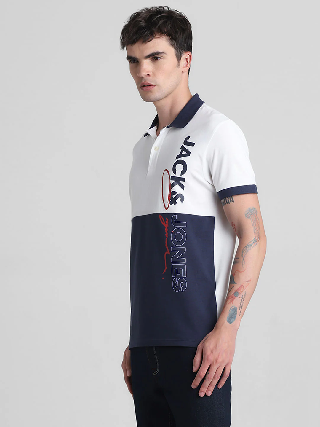 White Colourblocked Cotton Polo T-shirt - Image 3