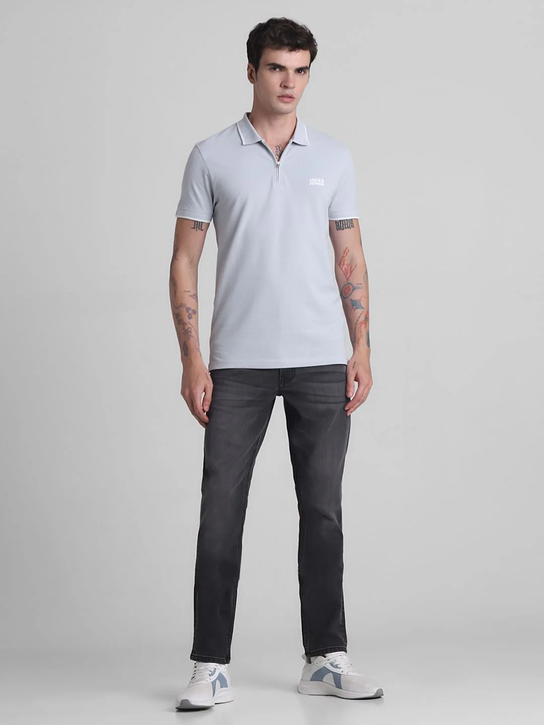 Grey Zip Detail Polo T-shirt - Image 6