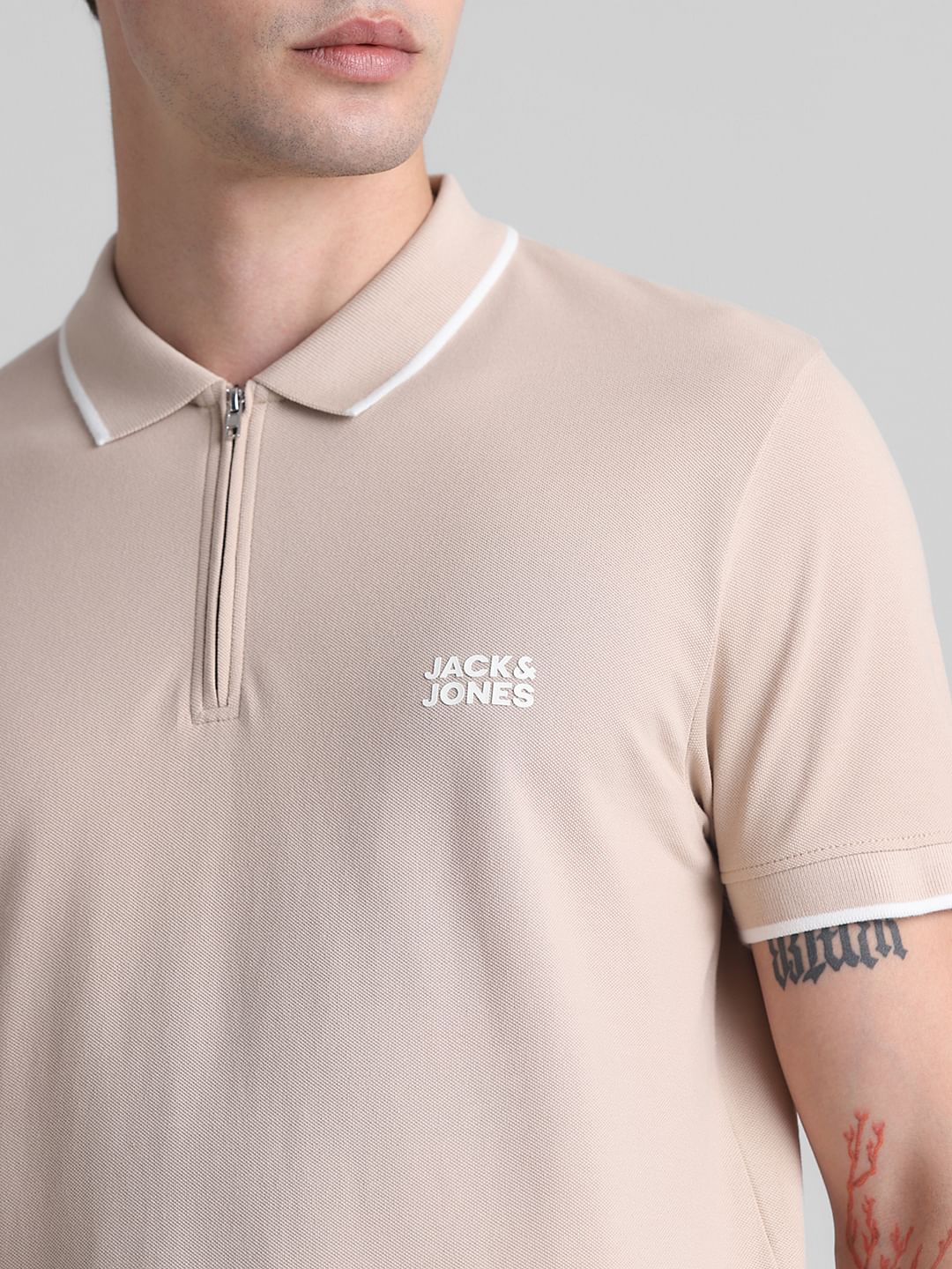 Light Brown Zip Detail Polo T-shirt - Image 5