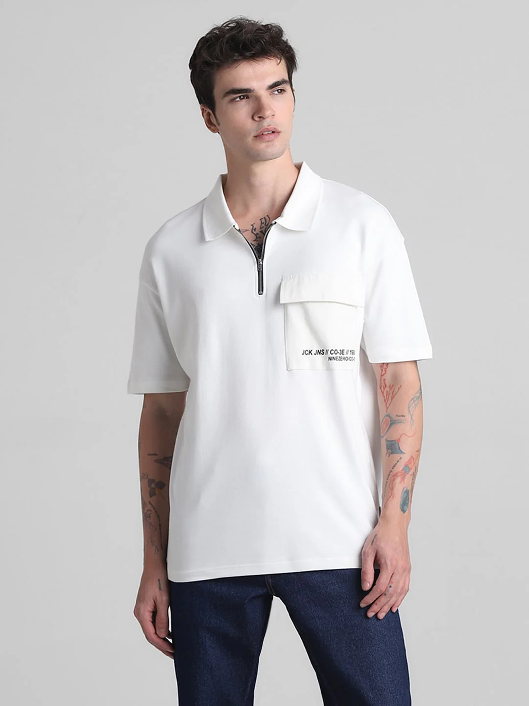 White Zip-Up Oversized Polo T-shirt - Image 2