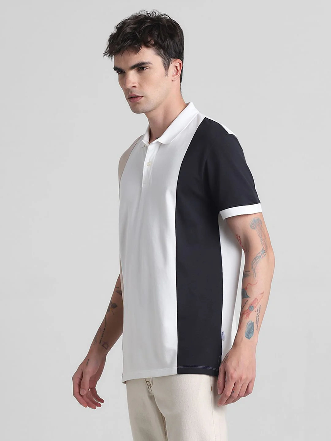 Beige Colourblocked Cotton Polo T-shirt - Image 3