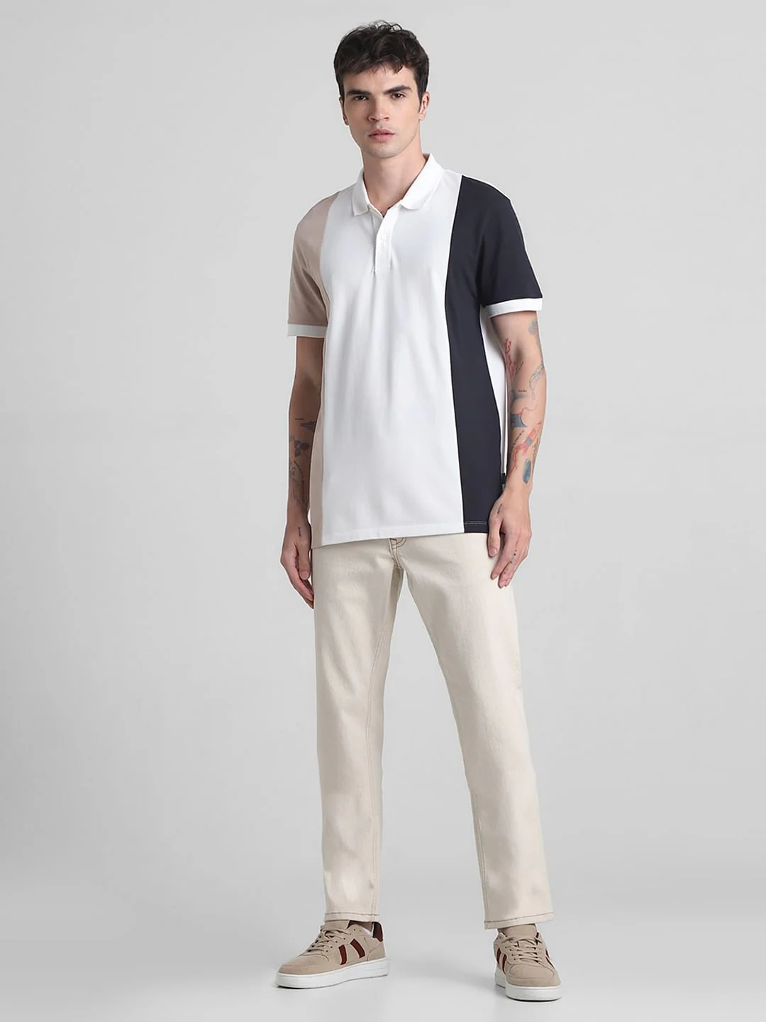 Beige Colourblocked Cotton Polo T-shirt - Image 6