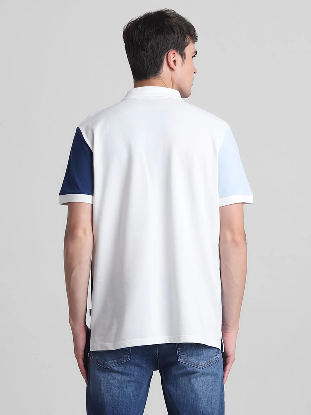 Blue Colourblocked Cotton Polo T-shirt - Image 4