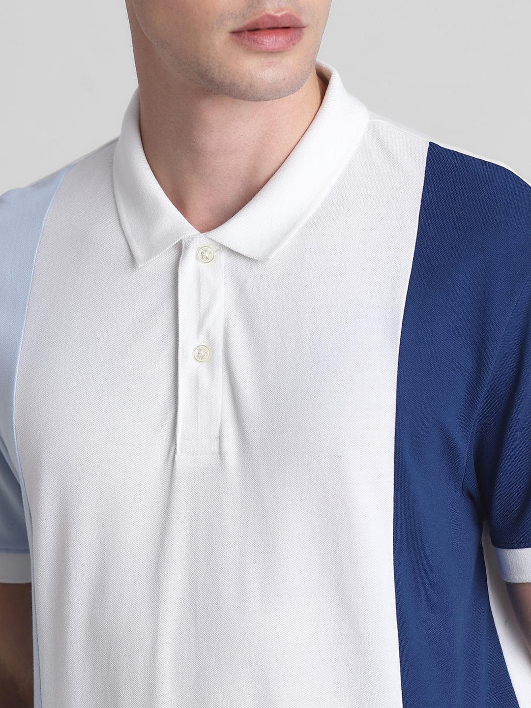 Blue Colourblocked Cotton Polo T-shirt - Image 5