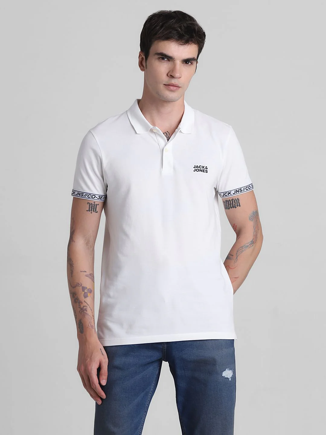 White Logo Tape Print Polo T-shirt - Image 2