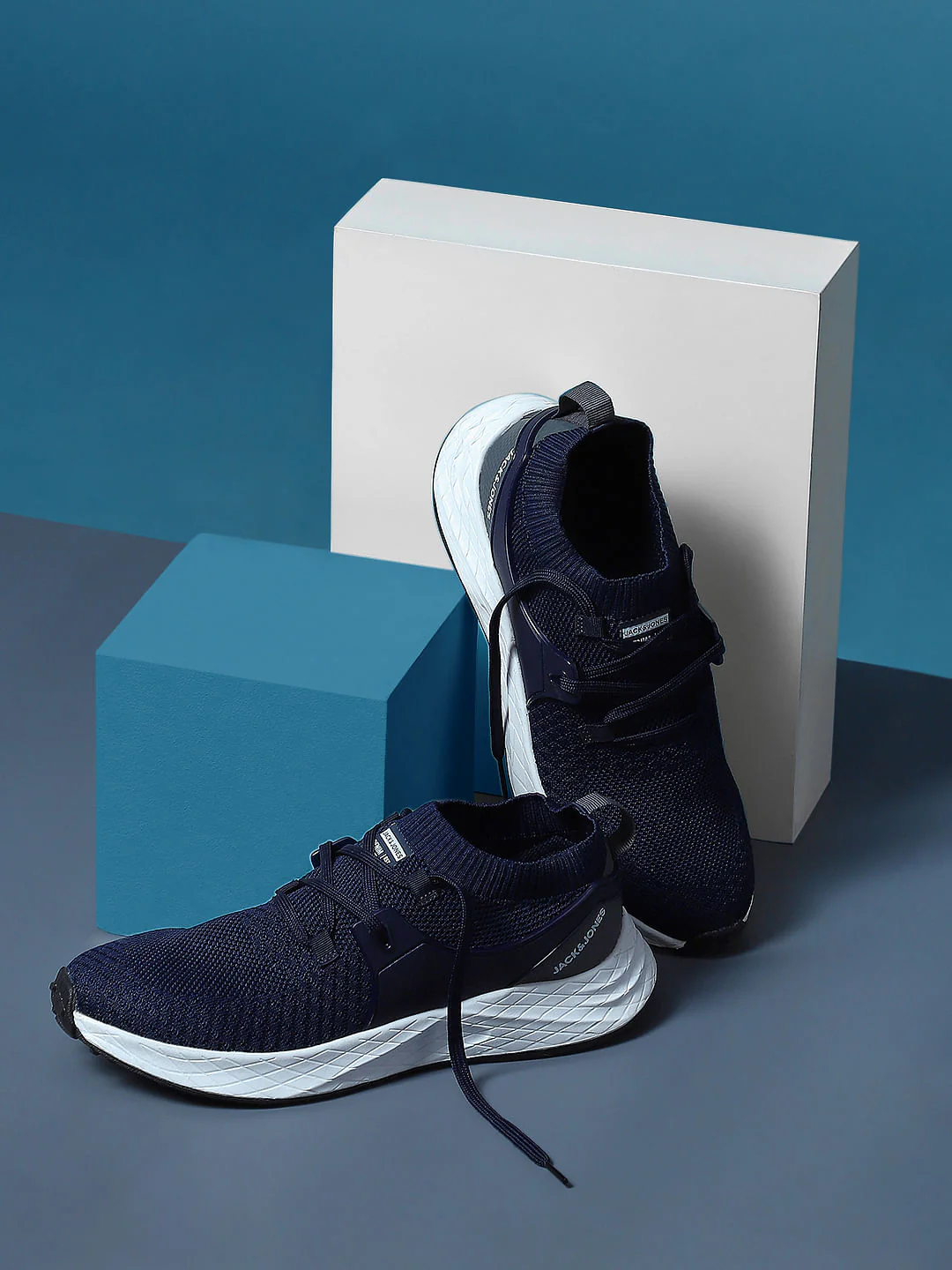Dark Blue Knit Lace-Up Sneakers