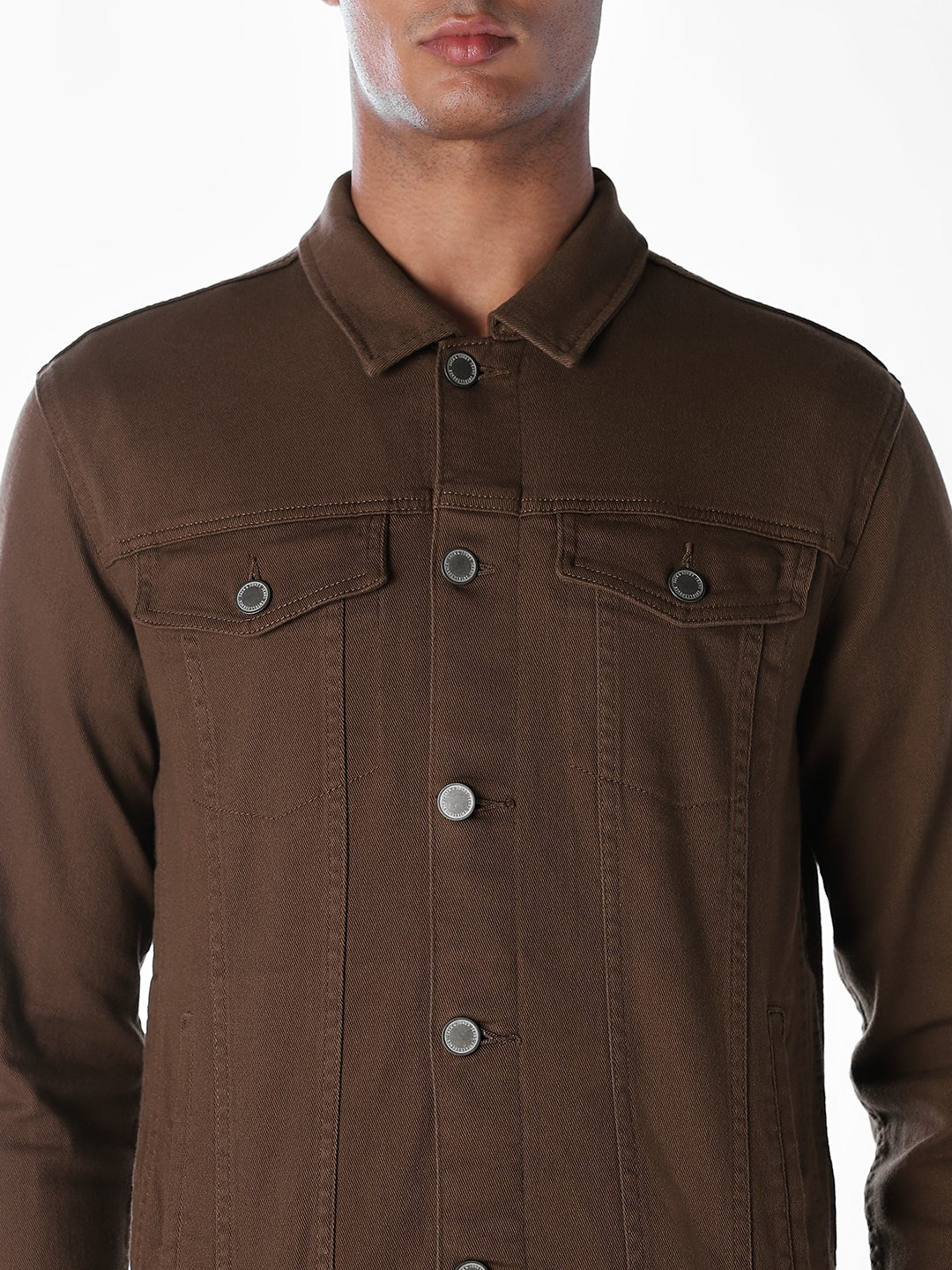 Dark Brown Regular Fit Denim Jacket - Image 5