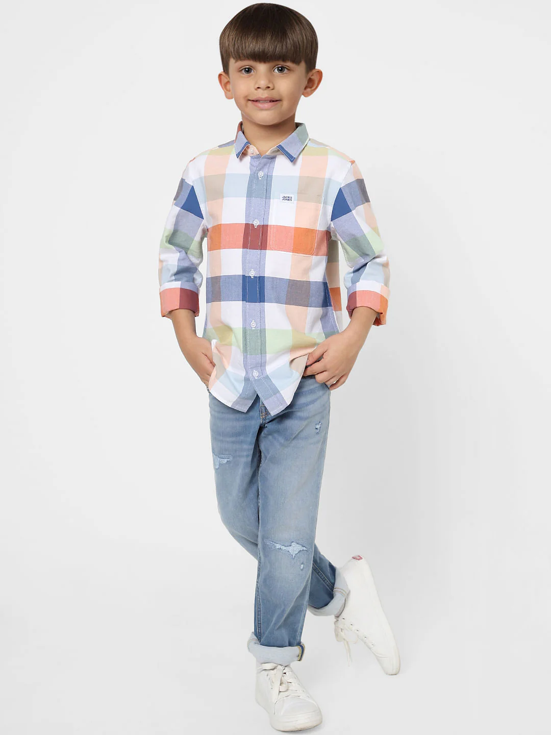 Boys White Check Full Sleeves Shirt - Image 5