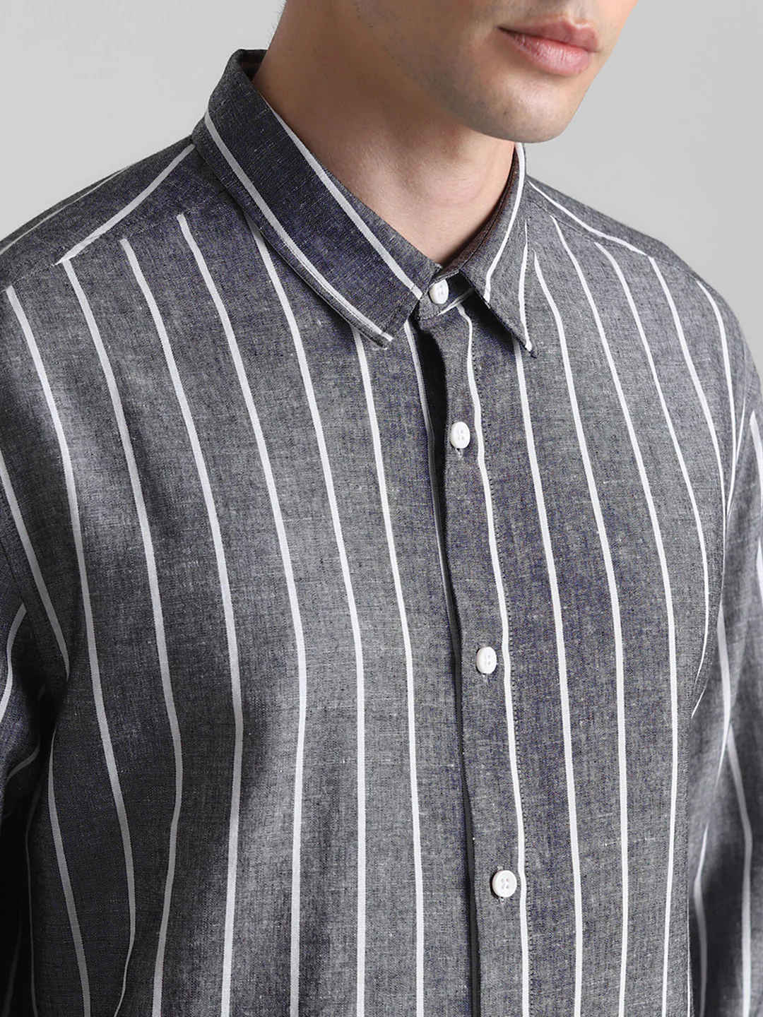 Grey Striped Full Sleeves Shirt - Image 5